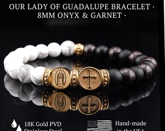Our Lady of Guadalupe Bracelet Men Unisex Catholic Jewelry Protection Gift Onyx Garnet 18K PVD Gold Stainless Steel