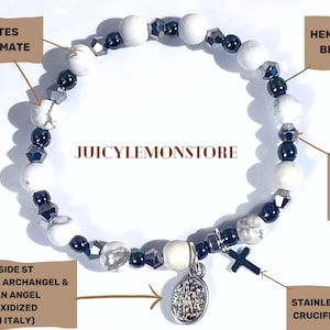 St Michael Archangel Silver Charm Howlite White/Pink &Hematite Custom Sized Rosary Protection Bracelets - Catholic and Police Gifts For her