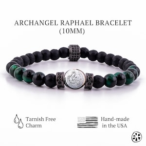 Archangel Raphael Sigil Bracelet – Green Tiger Eye & Matte Black Onyx Healing Protection | Saint Medal Religious Gift for Him or Her, Unisex