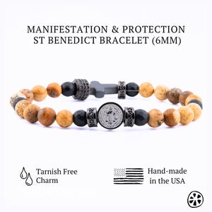 Saint Benedict Charm Protection Manifestation Mens Bracelet Stainless Steel Matte, 6mm Black Onyx, and Hematite Cross. Catholic Mens Gift