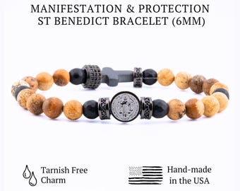 Saint Benedict Charm Protection Manifestation Mens Bracelet Stainless Steel Matte, 6mm Black Onyx, and Hematite Cross. Catholic Mens Gift