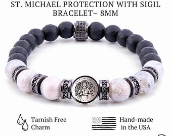 St Michael Medal and Sigil Bracelet, Guardian Angel Bracelet, Black Onyx Labradorite Moonstone, Catholic Gift for Men Women