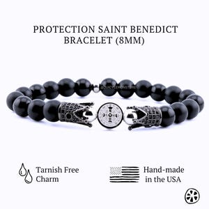 St. Benedict Stainless Steel Double Sided Crucifix Medal, Black Onyx Protection Bracelet for Men.Custom-Sized, Catholic Gifts for him,Unisex