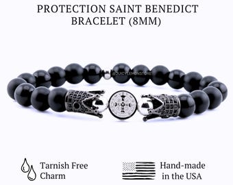 St. Benedict Stainless Steel Double Sided Crucifix Medal, Black Onyx Protection Bracelet for Men.Custom-Sized, Catholic Gifts for him,Unisex