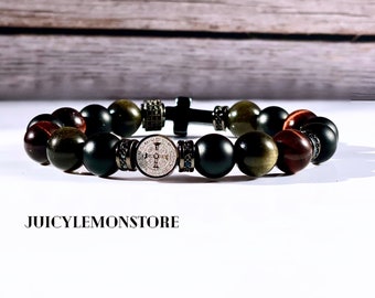 Triple Protection St Benedict Stainless Steel Rosary Bracelet,Obsydian,Onyx,Red Tiger Eye & Hematite Cross.Religious - Catholic Gift for him