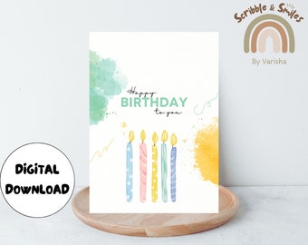 Printable Birthday Card, Candles Birthday Card, Birthday Card for Kids, Digital Birthday Card, 5x7 Greeting Card, Printable Envelope