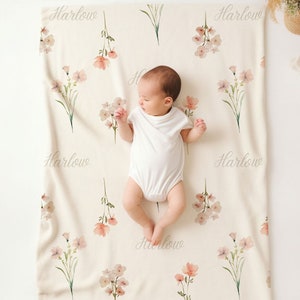 Plush Minky Personalized Baby Name Blanket, Wildflower Baby Name Blanket, New Born Name Swaddle, Baby Shower Gift, Custom Baby Gift