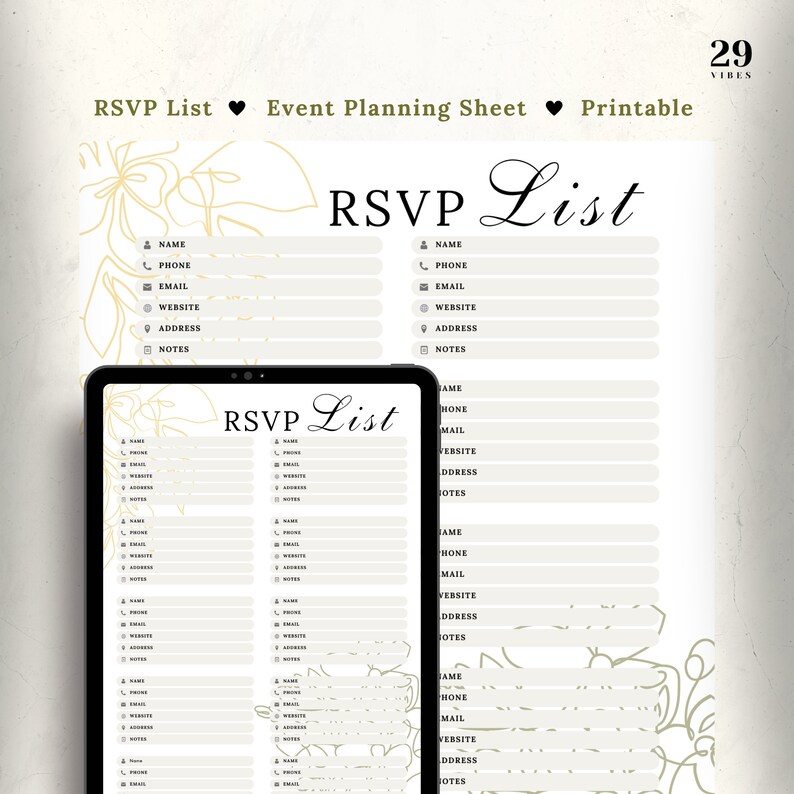 RSVP List | Digital Template | Printable Template | Event Planning ...