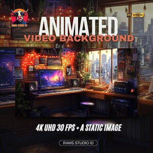 May include: An image promoting an animated video background, featuring a desk setup with a computer, speakers, and keyboard. The text "ANIMATED VIDEO BACKGROUND" is prominent. The scene includes the text "4K UHD 30 FPS + A STATIC IMAGE" and a view of a cityscape.