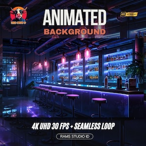 Puede incluir: Imagen de fondo animada de una escena de bar iluminada con luces de neón. La imagen presenta el texto "ANIMATED BACKGROUND" en blanco y naranja. El bar tiene taburetes morados, estantes de botellas y el texto "4K UHD 30 FPS + SEAMLESS LOOP".