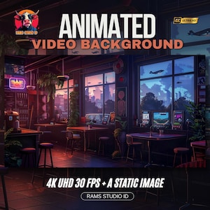 Può includere: Sfondo video animato con una scena di bar retrò-futuristica. L'immagine presenta il testo "ANIMATED VIDEO BACKGROUND" e "4K UHD 30 FPS + A STATIC IMAGE". La scena include tavoli, sgabelli e finestre che si affacciano su uno skyline.