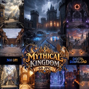 May include: A digital download collection titled Mythical Kingdom 60 JPG featuring 300 DPI fantasy art. The images display various stone castles, gothic architecture, dark courtyards, glowing portals, dragons, and griffins under stormy skies.