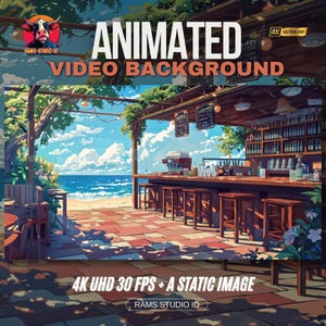 Puede incluir: Un fondo de video animado que presenta una escena de bar en la playa. La imagen muestra un bar con taburetes, botellas y una máquina de café, con el mar y el cielo visibles en el fondo. El texto incluye "ANIMATED VIDEO BACKGROUND" y "4K UHD 30 FPS + A STATIC IMAGE."