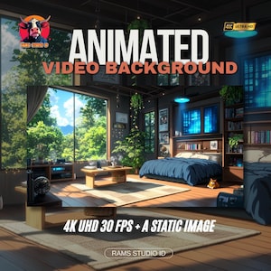 Può includere: Uno sfondo video animato con il testo "ANIMATED VIDEO BACKGROUND" in grandi lettere bianche. L'immagine è etichettata "4K ULTRA HD" e "4K UHD 30 FPS + A STATIC IMAGE". La scena raffigura una camera da letto con una grande finestra e un paesaggio verde.