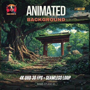 Könnte beinhalten: Animierter Hintergrund mit einem japanischen Garten, der einen Steinweg zu einem Holztor zeigt. Der Text "ANIMATED BACKGROUND" und "4K UHD 30 FPS + SEAMLESS LOOP" ist enthalten.
