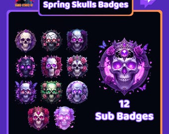 Spring Rebirth Skulls – Floral Skull Twitch Sub Badges, Gothic Fantasy Tier Icons for Streamers