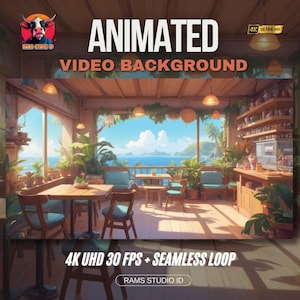 Animated Tropical Coffee Shop Vtuber Background: Sea Breeze Stream Overlay (MP4 Digital Download)