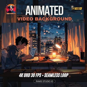 Puede incluir: Un fondo de video animado con una vista de la ciudad al anochecer. Una persona con auriculares trabaja en una computadora portátil en un escritorio, con un gato cerca. La imagen incluye el texto "ANIMATED VIDEO BACKGROUND" y "4K UHD 30 FPS + SEAMLESS LOOP."