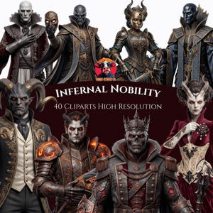 Op de afbeelding: Een digitale collectie van fantasy-karakterillustraties getiteld Infernal Nobility 40 Cliparts High Resolution, met diverse figuren in sierlijke, donker getinte harnassen en formele kleding met gedetailleerde gouden accenten en gloeiende elementen.
