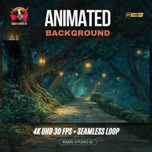 Può includere: Immagine di sfondo animato con un sentiero nella foresta illuminato da lanterne sospese. Il testo "ANIMATED BACKGROUND" è visualizzato in bianco e rosso. L'immagine è 4K Ultra HD, 30 FPS e un loop continuo. Il logo Rams Studio ID è visibile.