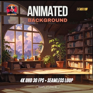 Può includere: Immagine di sfondo animata di un interno di biblioteca con una grande finestra rotonda e vista del tramonto. La scena comprende librerie, piante in vaso e il testo "ANIMATED BACKGROUND" e "4K UHD 30 FPS + SEAMLESS LOOP".