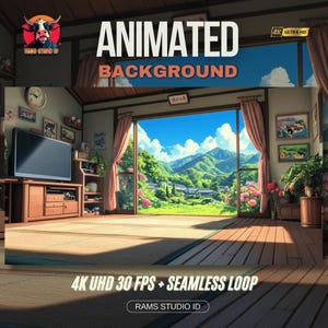 Könnte beinhalten: Animierter Hintergrund mit einem japanischen Zimmer und einem großen Fenster mit Blick auf eine Landschaft mit Bergen, Bäumen und blauem Himmel. Der Text "ANIMATED BACKGROUND" ist zu sehen. Das Bild ist in 4K UHD und hat eine nahtlose Schleife.