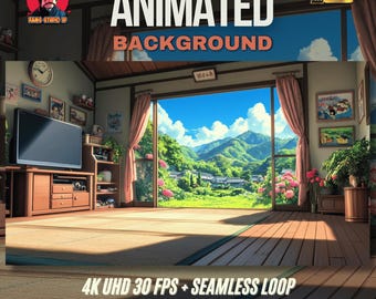 Op de afbeelding: Een geanimeerde achtergrondafbeelding van een Japanse kamer met een groot raam dat uitkijkt op een landschap van bergen, bomen en een blauwe lucht. De tekst "ANIMATED BACKGROUND" is prominent aanwezig. De afbeelding is 4K UHD met een naadloze lus.