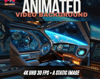 May include: An animated video background featuring a futuristic spaceship cockpit with a view of Earth and space. The image includes the text "ANIMATED VIDEO BACKGROUND" and "4K UHD 30 FPS + A STATIC IMAGE". The image is in 4K Ultra HD.