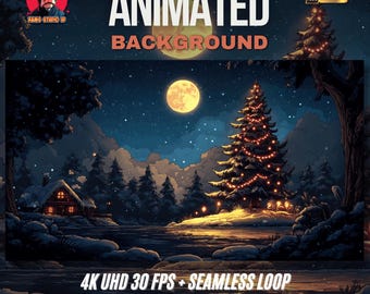 Geanimeerde achtergrondgolven | Maanverlichte kerstboom bij de winterhut – Twitch VTuber-achtergrond