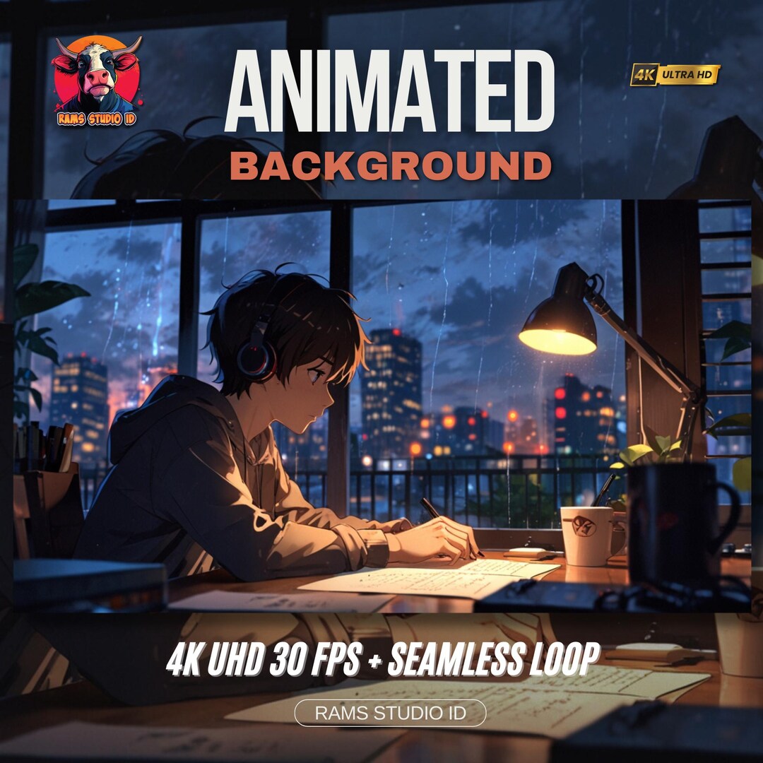 Study Background Animation Cozy Study Desk Animation: Rain Sounds, Vtuber Stream Background (MP4 ...