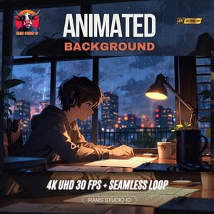 May include: An animated background image with the text "ANIMATED BACKGROUND" in white and orange. The image features a person wearing headphones, writing at a desk with a city skyline in the background. The image also includes the text "4K UHD 30 FPS + SEAMLESS LOOP".