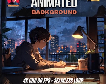 Cozy Study Desk Animation: Rain Sounds, VTuber Stream Background (MP4 Digital Download)