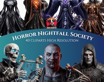 Horror Nightfall Society Clipart Bundle – Gothic Cult Characters PNG (300 DPI)