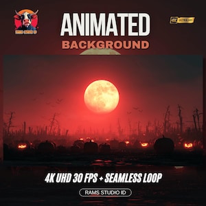 Könnte beinhalten: Animierter Hintergrund mit rotem Himmel, Vollmond und Kürbislaternen. Das Bild enthält den Text "ANIMATED BACKGROUND" und "4K UHD 30 FPS + SEAMLESS LOOP". Das Rams Studio ID-Logo befindet sich oben links und unten in der Mitte.