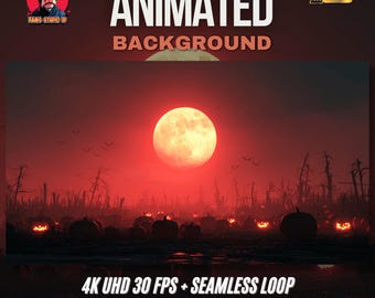 Puede incluir: Fondo animado con cielo rojo, luna llena y calabazas de Halloween. La imagen incluye el texto "ANIMATED BACKGROUND" y "4K UHD 30 FPS + SEAMLESS LOOP". El logotipo de Rams Studio ID está en la parte superior izquierda e inferior central.