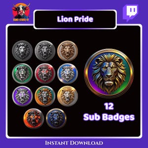 Op de afbeelding: Een verzameling van 12 sub-badges met leeuwenontwerpen in verschillende kleuren. De badges zijn cirkelvormig met een leeuwenkop in het midden, omgeven door een metalen rand. De tekst "Lion Pride" en "Instant Download" zijn ook zichtbaar.