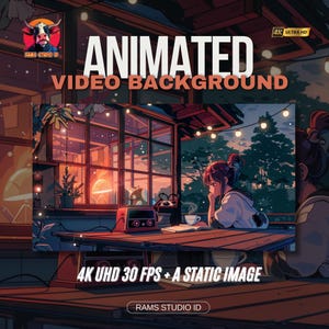 Könnte beinhalten: Ein animierter Video-Hintergrund mit einer gemütlichen Cafészene. Das Bild zeigt eine Person, die an einem Tisch mit einem Buch und einer Tasse Kaffee sitzt. Der Text auf dem Bild lautet "ANIMATED VIDEO BACKGROUND" und "4K UHD 30 FPS + A STATIC IMAGE."