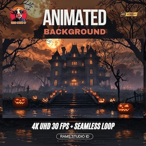 May include: Animated background featuring a spooky mansion with glowing windows, jack-o'-lanterns, and a full moon. The text reads "ANIMATED BACKGROUND" and "4K UHD 30 FPS + SEAMLESS LOOP". The Rams Studio ID logo is in the upper left and lower center.