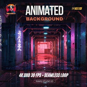 May include: A digital image of an animated background, depicting a neon-lit futuristic corridor. The image is in 4K Ultra HD resolution and features a seamless loop. Text includes "ANIMATED BACKGROUND" and "4K UHD 30 FPS + SEAMLESS LOOP".
