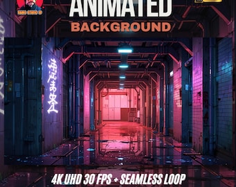 Puede incluir: Imagen de fondo animada que representa un corredor futurista con luces de neón. La escena está renderizada en 4K Ultra HD con un bucle continuo. El texto "ANIMATED BACKGROUND" se muestra de forma destacada, junto con "4K UHD 30 FPS + SEAMLESS LOOP".