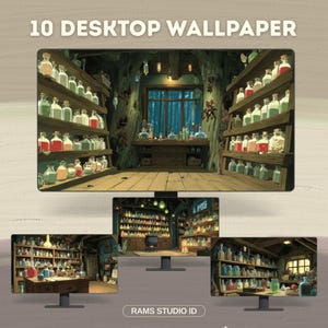 Tapeta z pokoju eliksirów czarownicy w anime: tła pulpitu na Halloween (pobieranie cyfrowe)