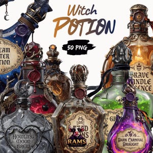 Pode incluir: Uma coleção de arquivos gráficos digitais com várias garrafas de vidro ornamentadas rotuladas como Witch Potion, 50 PNG. As garrafas contêm líquidos coloridos, crânios, ossos e selos de cera, com rótulos como Howling Moon Brew e Dark Carnival Draught.