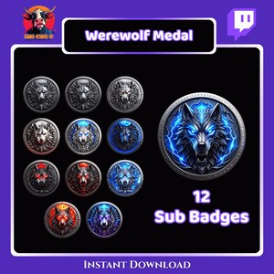 Puede incluir: Gráfico digital con 12 insignias de suscripción con temática de hombre lobo. Cada insignia muestra la cabeza de un lobo con varios colores, incluyendo plata, azul y rojo. Se muestra el texto "Werewolf Medal" y "12 Sub Badges".
