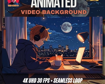 Puede incluir: Ilustración de fondo de video animado con una persona con auriculares, un gato y una computadora portátil. La escena está ambientada de noche con un paisaje urbano y una luna llena. El texto incluye "ANIMATED VIDEO BACKGROUND" y "4K UHD 30 FPS + SEAMLESS LOOP."