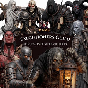 Op de afbeelding: Een digitale collectie van 40 hoge resolutie fantasy karakterillustraties genaamd Executioners Guild, met diverse duistere figuren waaronder een krijger met een schedelgezicht, een beul met een kap en een ondode met een lantaarn.