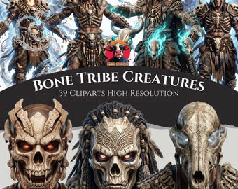 Bone Tribe Creatures Clipart – Tribal Skeleton PNG Bundle, Dark Fantasy (Commercial Use)
