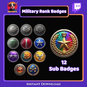 May include: A digital graphic showcasing 12 military rank badges. The badges are circular with diverse designs, including chevrons, stars, and emblems. The text "Military Rank Badges" and "12 Sub Badges" are displayed. The image is labelled "Instant Download".