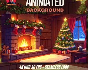 May include: A festive animated background featuring a fireplace, Christmas tree, and stockings. The words "ANIMATED BACKGROUND" are visible. The scene is labelled "4K UHD 30 FPS + SEAMLESS LOOP" and "RAMS STUDIO ID".