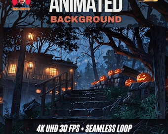 Animated Background | Spooky Forest Steps to a Jack-o Lantern Cabin – Twitch Stream Virtual Studio Setup