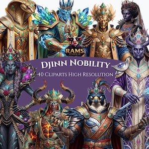 Op de afbeelding: Een digitale collectie van fantasy-karakterillustraties getiteld DJINN NOBILITY 40 CLIPARTS HIGH RESOLUTION, met diverse gepantserde figuren waaronder een wezen met een kobrakop, een met kristallen versierde krijger en een ridder met een vogelkop.